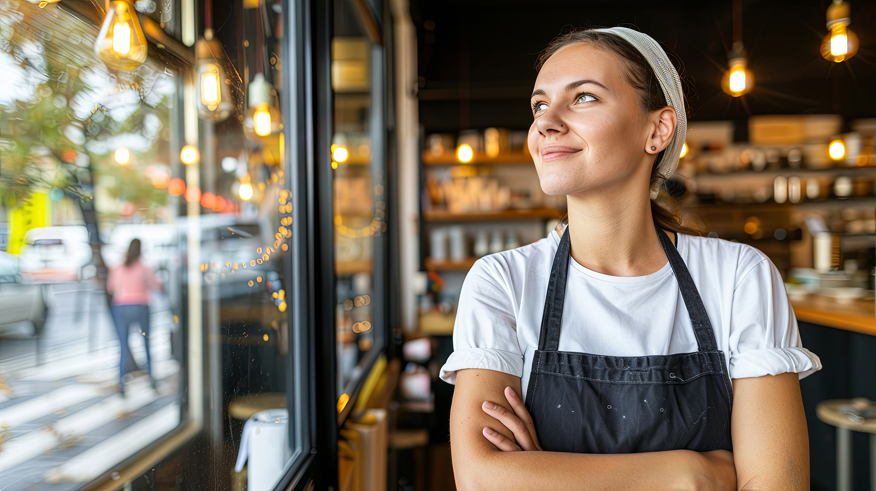 A woman wearing an apron stands in a bar, cafe, pub or restaurant. A waiter in the catering industry. A smiling employee. Illustration for advertising, marketing or presentation. websites for small businesses