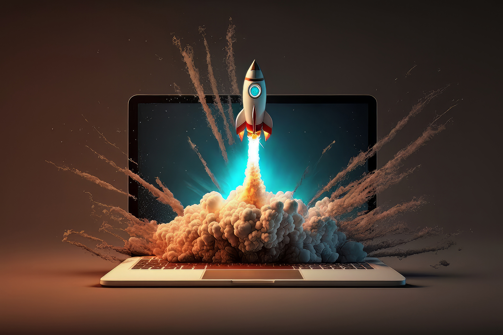 Launching Space Rocket From Laptop Screen. Generative AI Website Take off
